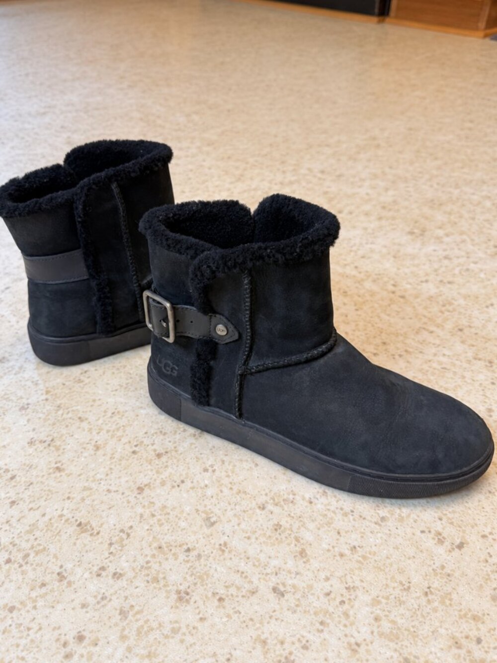 UGG Aika Black Suede Buckle Ankle Boots, Size 8.5